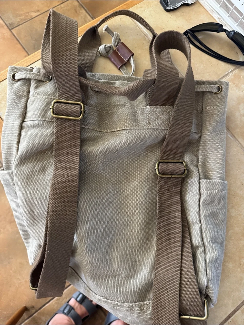 Canvas Drawstring Backpack in Tan with Brown Accents